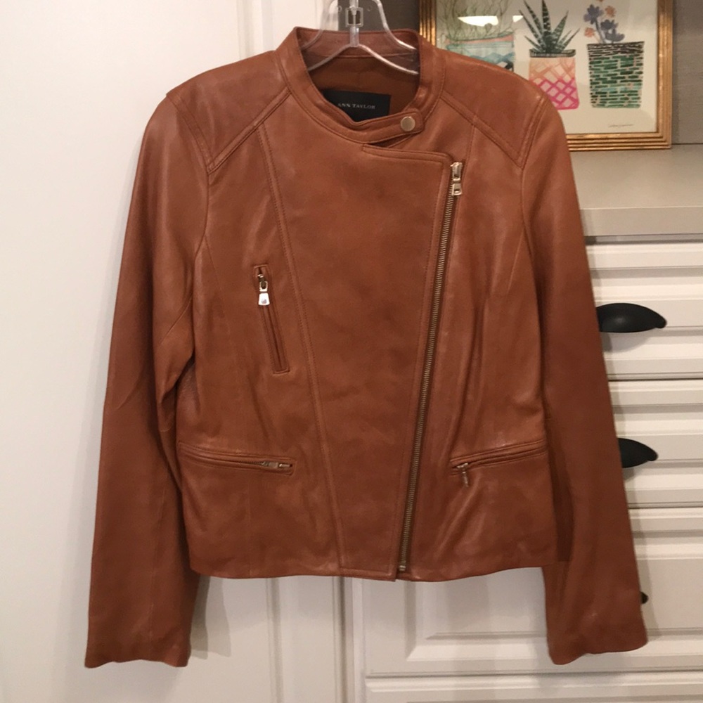 Brown Genuine Leather Moto Jacket w/ Gold Zips